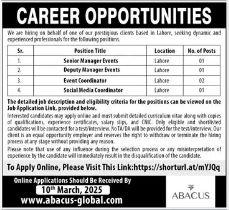 Abacus Global Managment jobs in Lahore 2025 - Private Management Jobs