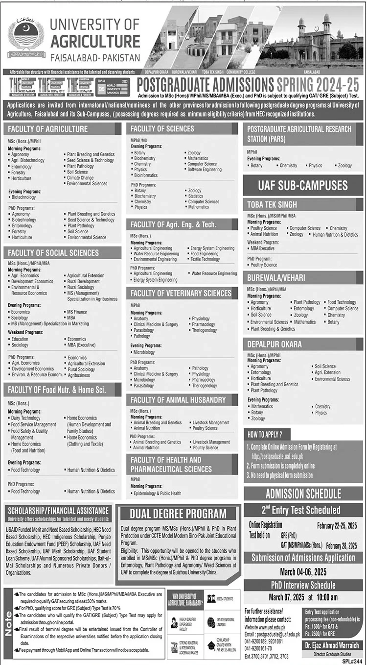 Admission Open in University of Agriculture Faislabad 2025 - University of Agriculture FaisalabadPostgraduate Admissions Spring 2025