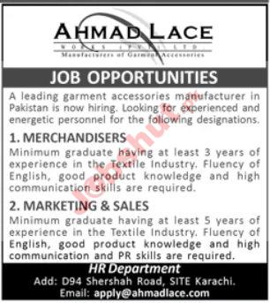 Ahmad Lace Works LTD Karachi job