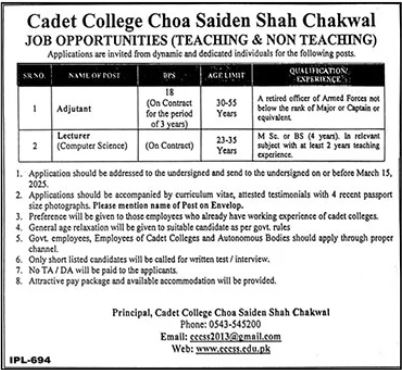 Cadet College Choa Saiden Shah Chakwal Jobs 2025 - Apply CCCSS Education Jobs