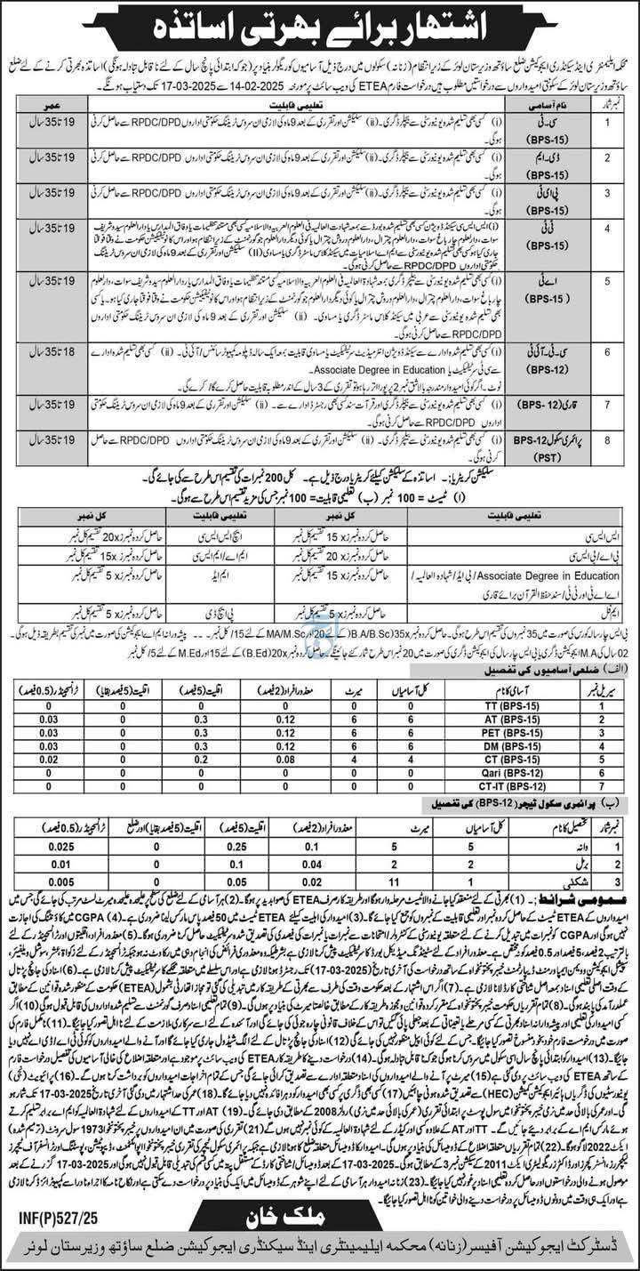 KPK South Waziristan Government Teaching Jobs 2025 - TT AT PET CT DM Qari PST Teaching Vacancies