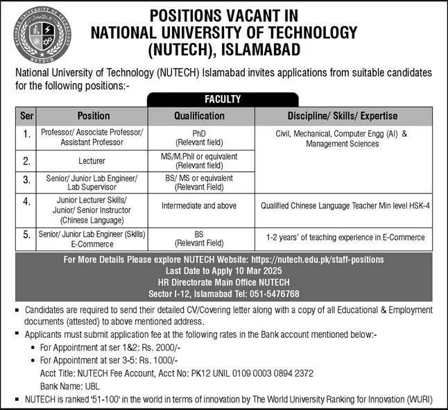 National University of Technology Jobs 2025 - NUTECH Islamabad Jobs