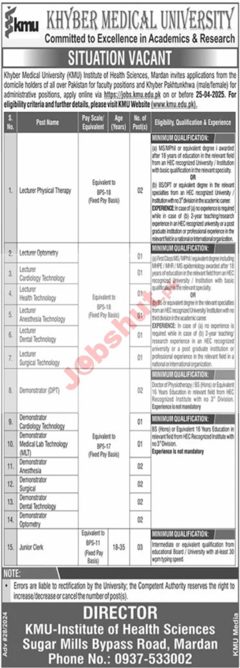 Khyber Medical University KMU Jobs 2025 - KMU Mardan Clerk, Lecturer & Teaching Jobs 2025