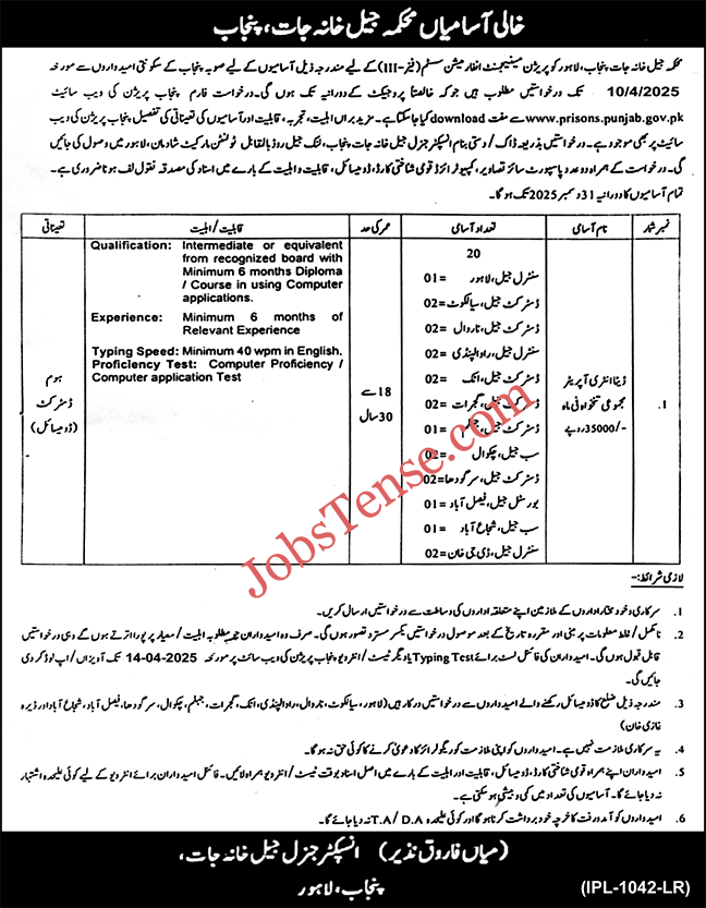 Data Entry Operator Jobs in Prisons Department Punjab 2025 
