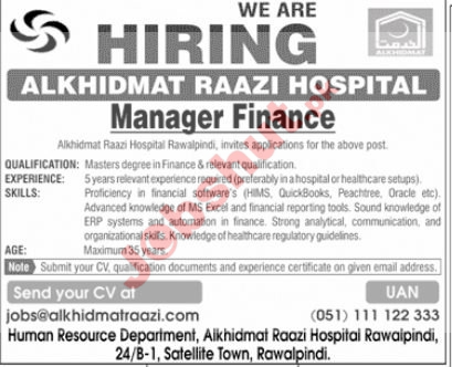 AL Khidmat Raazi Hospital Rawalpindi Jobs 2025 - Manager Finance Rawalpindi Hospital Jobs 2025