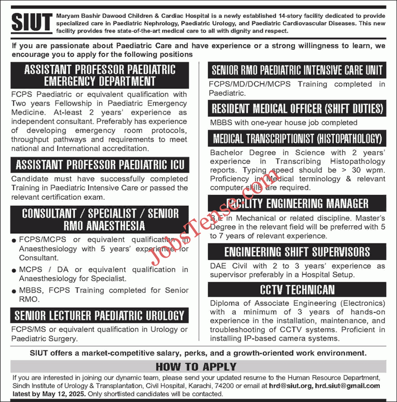 SIUT Hospital Karachi Jobs 2025 