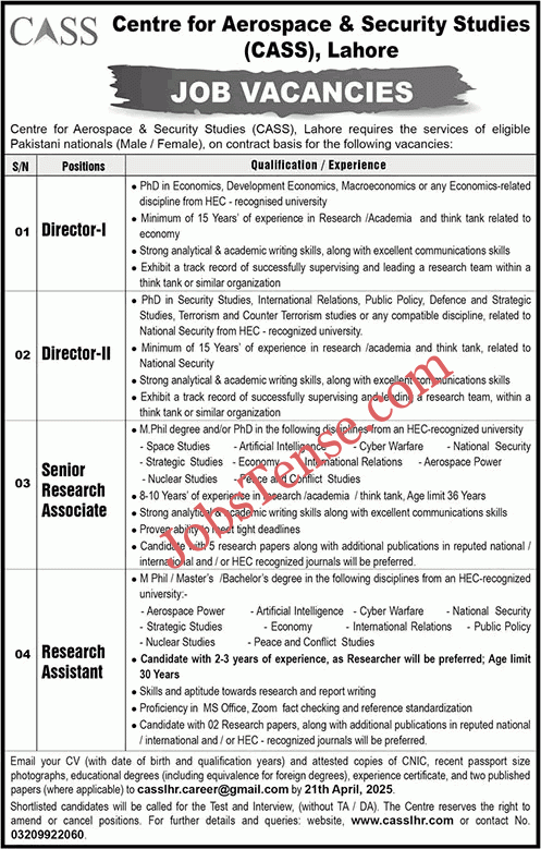 Centre for Aerospace and Security Studies Lahore Jobs 2025 