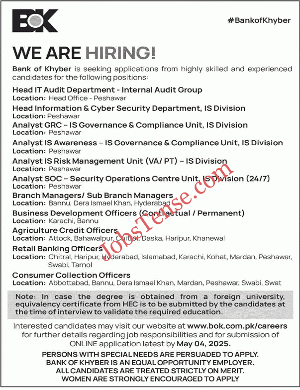 Bank of Khyber BOK Jobs 2025