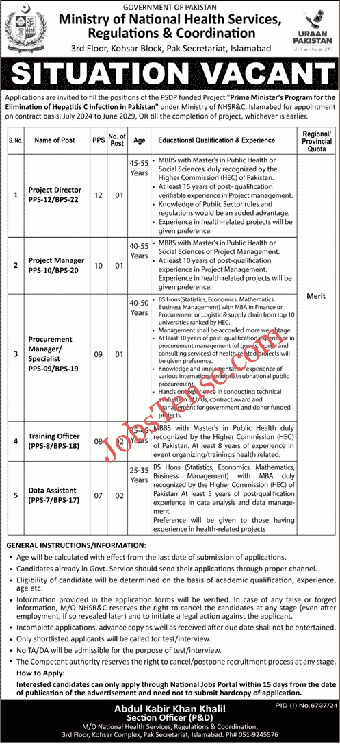 Ministry of National Health Services Regulations and Coordination Jobs 2025 