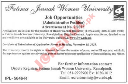 Fatima Jinnah Women University Rawalpindi Jobs