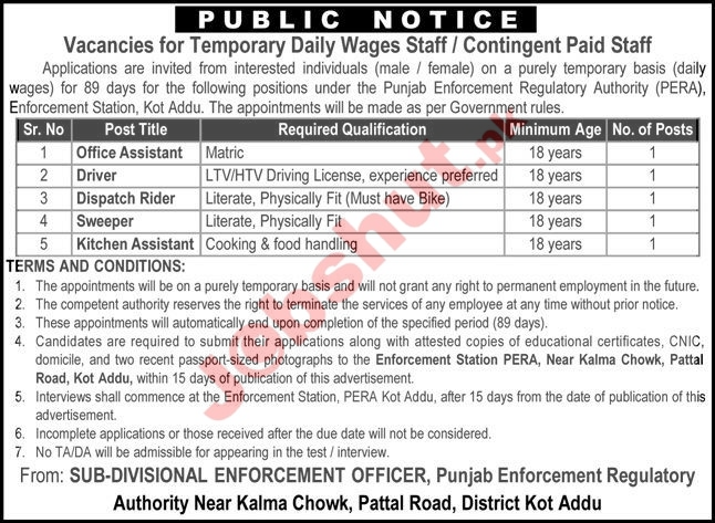 The Punjab Enforcement & Regulatory Authority Jobs PERA Kot Addu - Driver Jobs 2026
