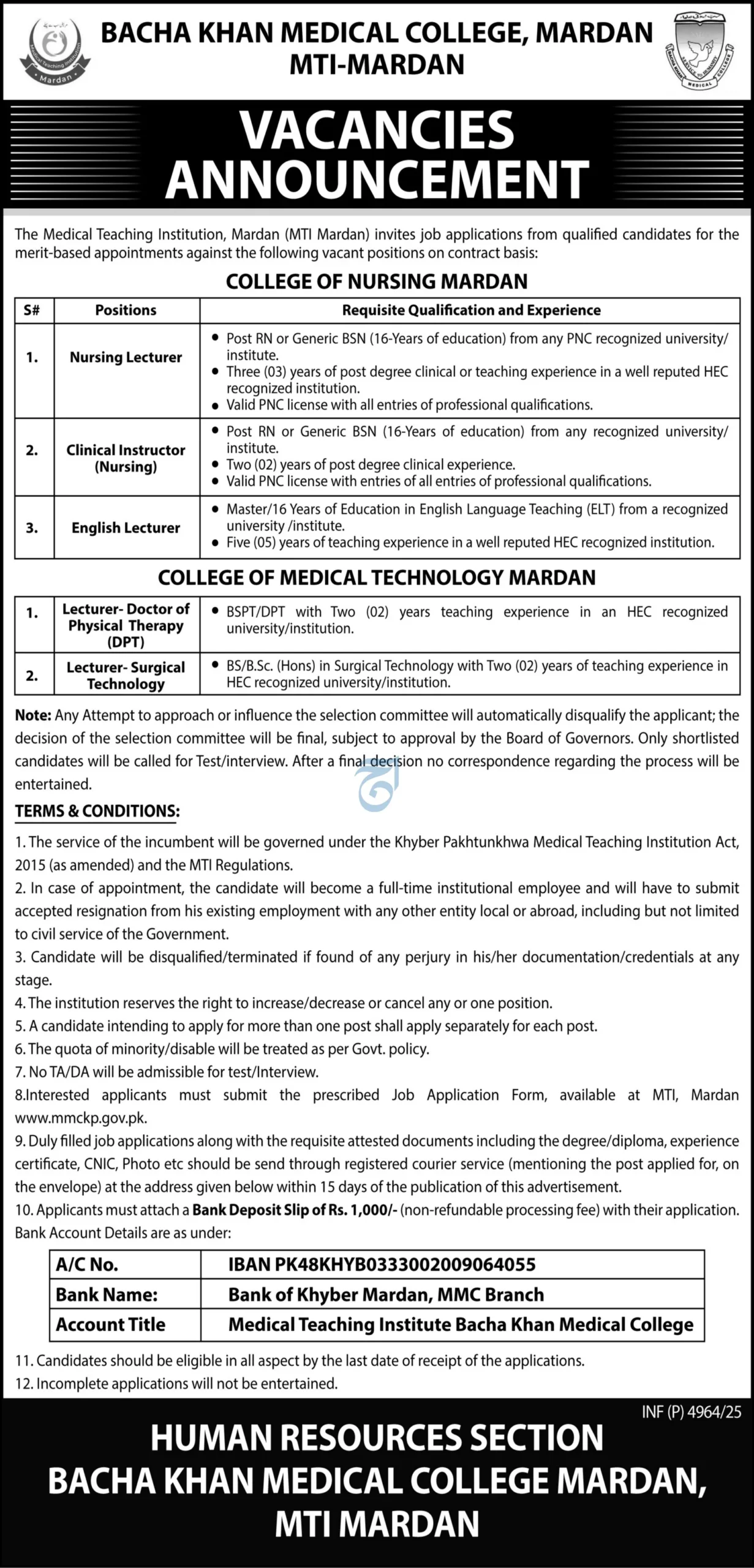Bacha Khan Medical College Mardan (MTI) Teaching and Technical Jobs 2025 - Apply Now Nursing, DPT, English, and Surgical Tech