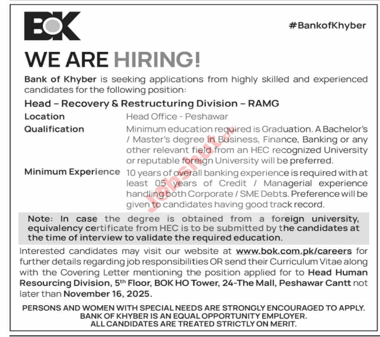 Bank of Khyber BOK Jobs 2025 - Head Recovery & Restructuring Division Jobs