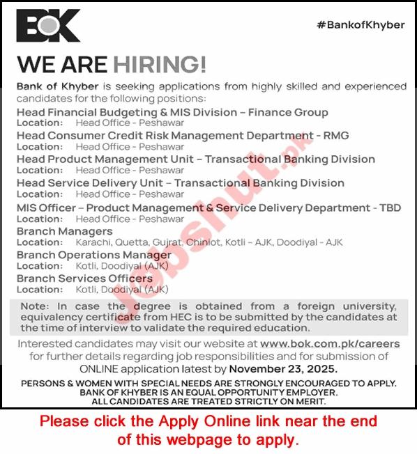 Bank of Khyber Jobs 2025 - Apply Online Branch Managers & Others BOK Latest Jobs 