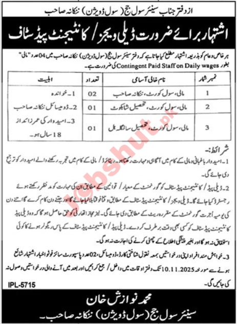 Civil Court Nankana Sahib Jobs 2025 For Mali - Sweeper & Gardener Jobs