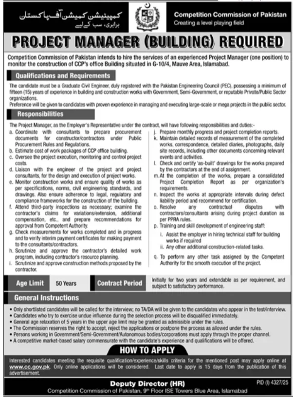 Competition Commission of Pakistan (CCP) Jobs - Apply Online for Project Manager (Building) Vacancy