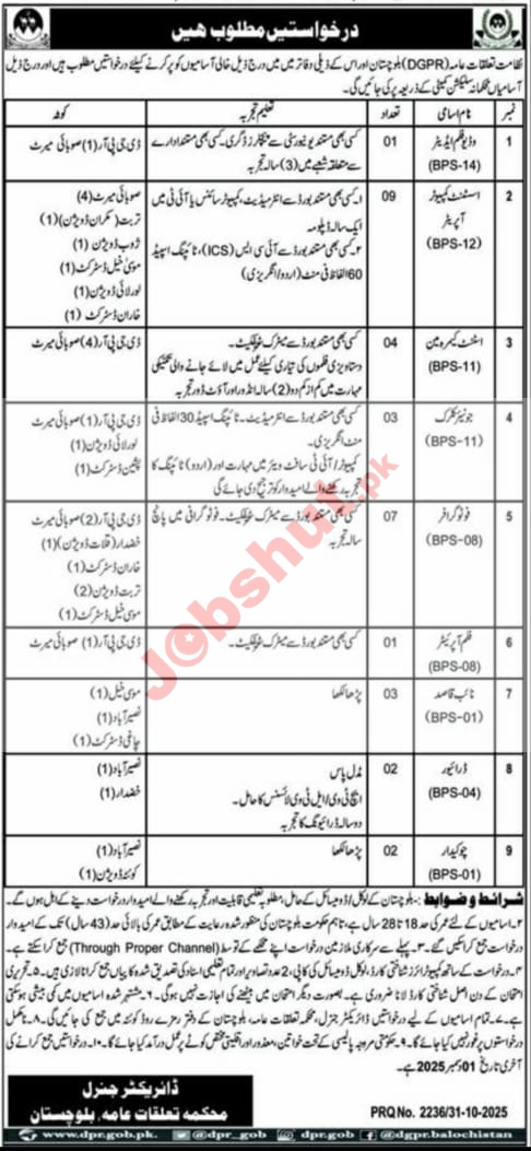 Directorate General Public Relations Balochistan Jobs - DGPR Naib Qasid & Computer Operator Jobs