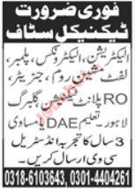 Electrician And Plumber Private Jobs in Lahore Company 2025