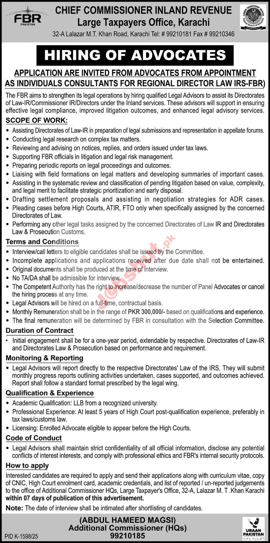 FBR Chief Commissioner Inland Revenue Karachi Jobs 2025 - Advocates (as Individuals Consultants / Legal Advisors) Jobs
