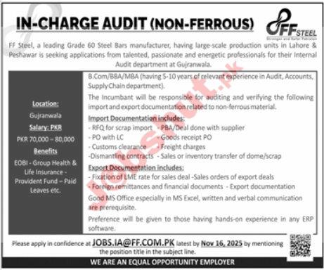 FF Steel Manufacturing Industry Management Jobs in Lahore 2025