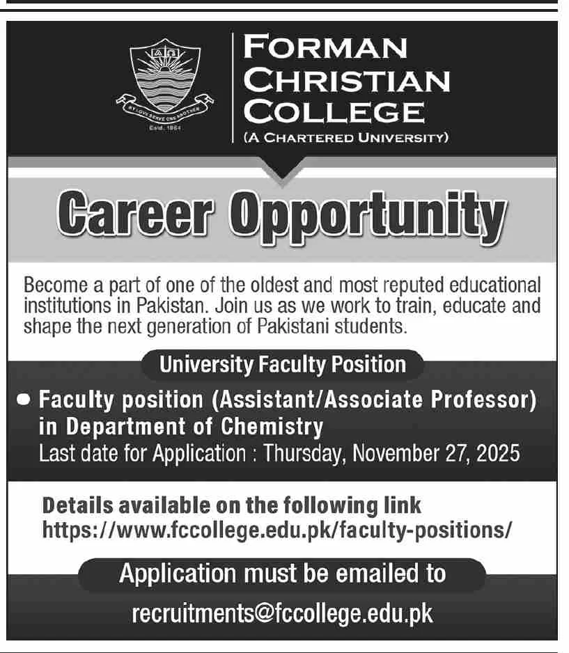 Forman Christian College Lahore Jobs 2025 - Apply for Assistant Professor Chemistry and Associate Professor Chemistry
