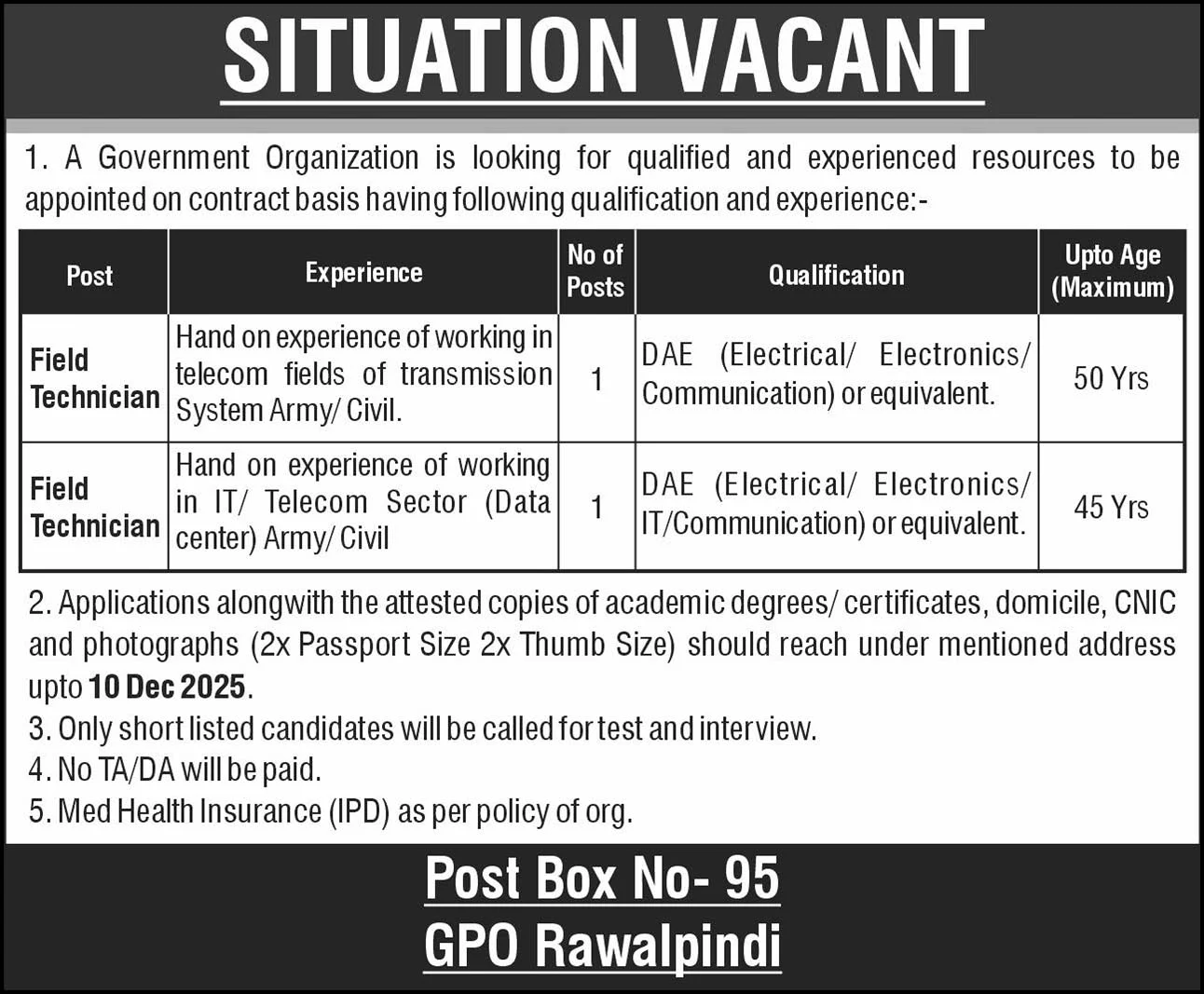 Government Organization Rawalpindi Jobs 2025 – Apply Field Technician (IT/Telecom/Data Center) Vacancy