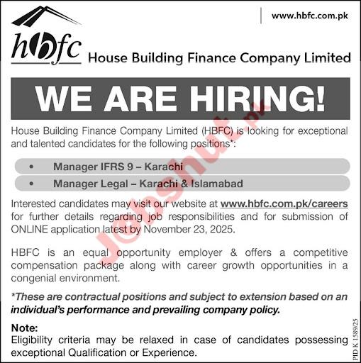 House Building Finance Company Limited (HBFC) Jobs in 2025 - Manager Legal Jobs