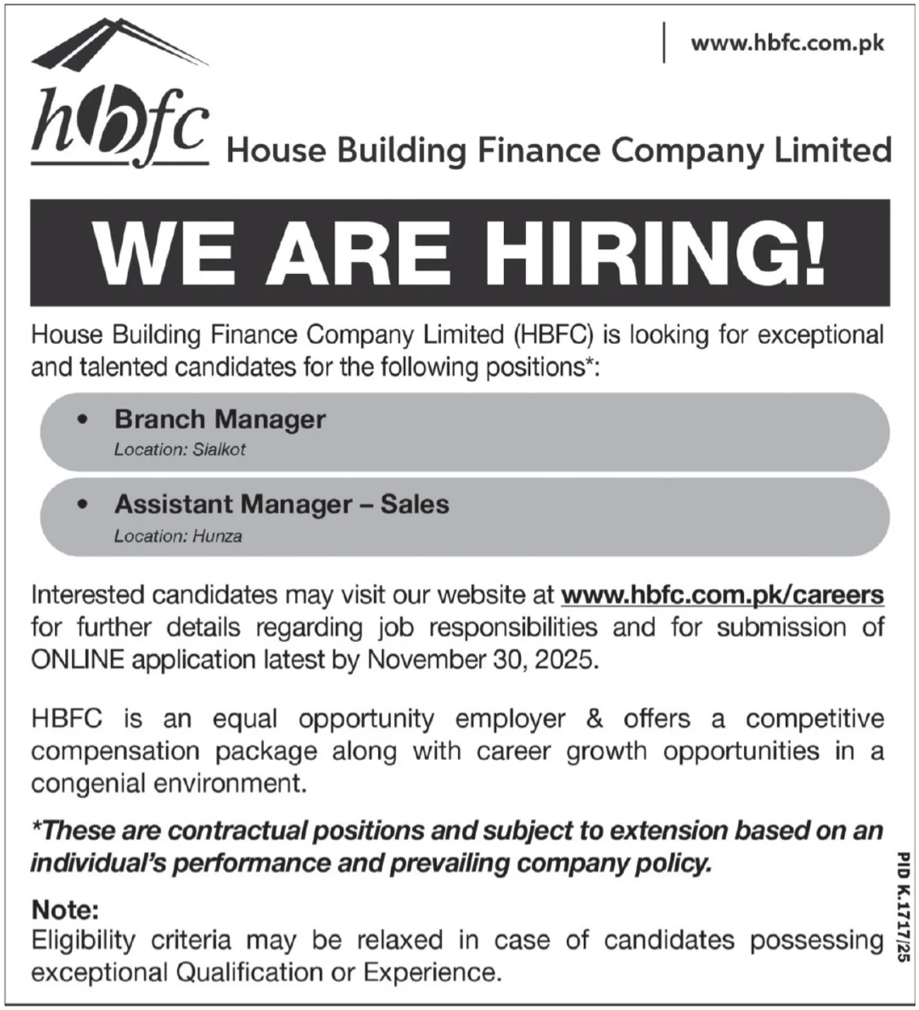 House Building Finance Company Limited Jobs 2025 - Branch Manager and Assistant Manager – Sales Jobs