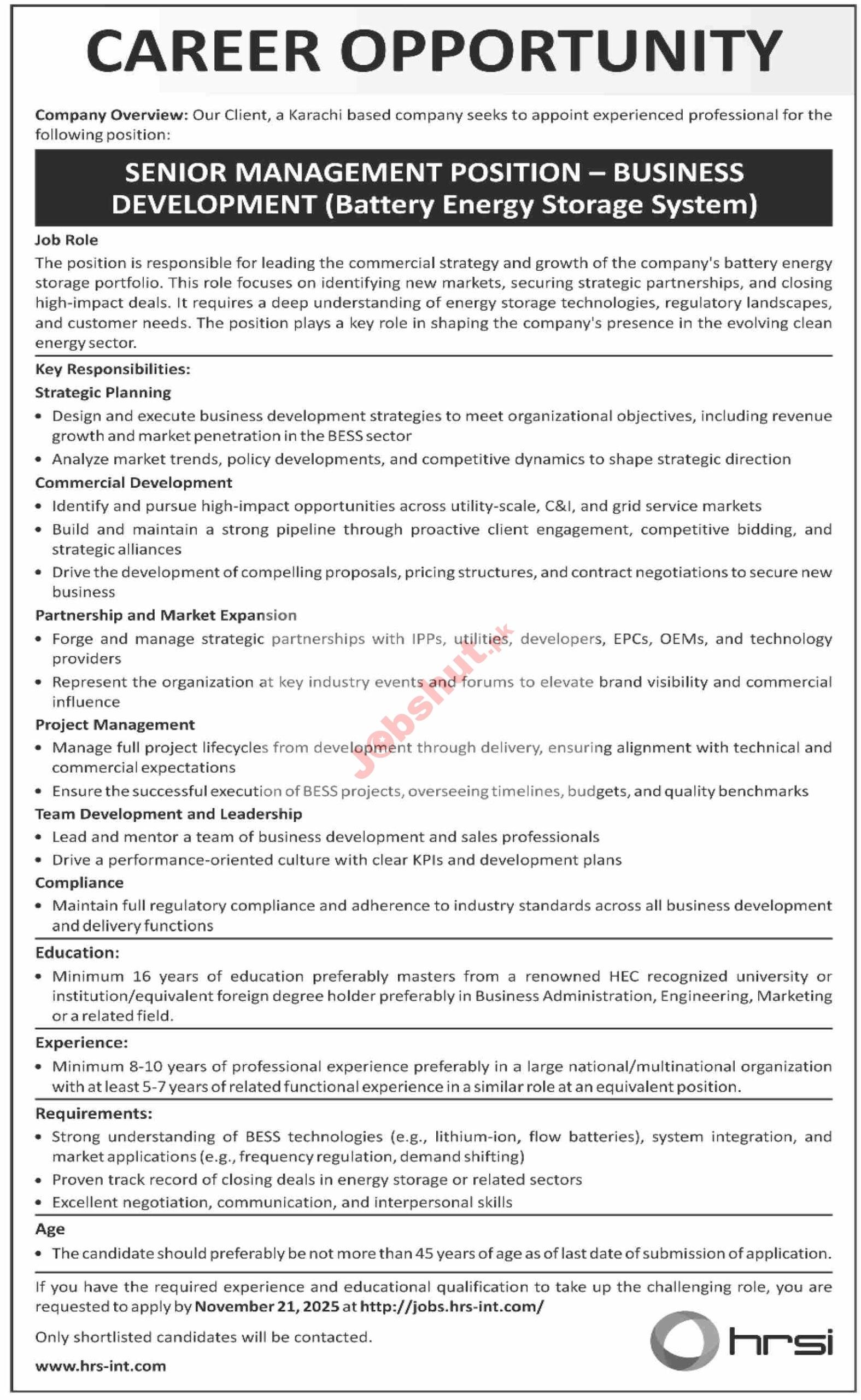 Human Resource Solution International Karachi Jobs in 2025 - HRSI Senior Management Position - Business Development Jobs