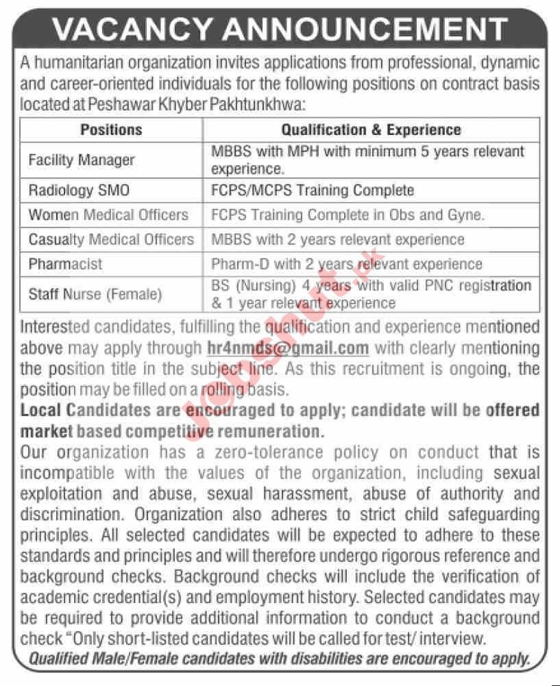 Humanitarian Organization Peshawar Jobs in 2025 - Female Nurse Staff Need in Peshawar