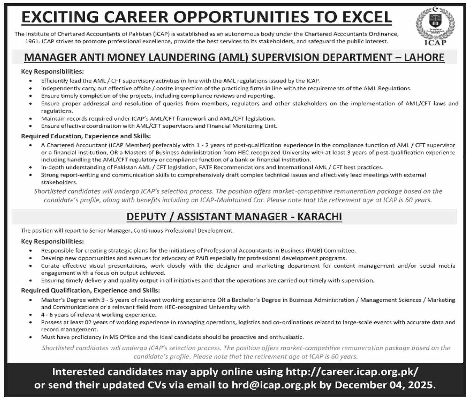 Institute Of Chartered Accountants Of Pakistan Jobs 2025 - Apply for ICAP Deputy Manager & Assistant Manager Jobs