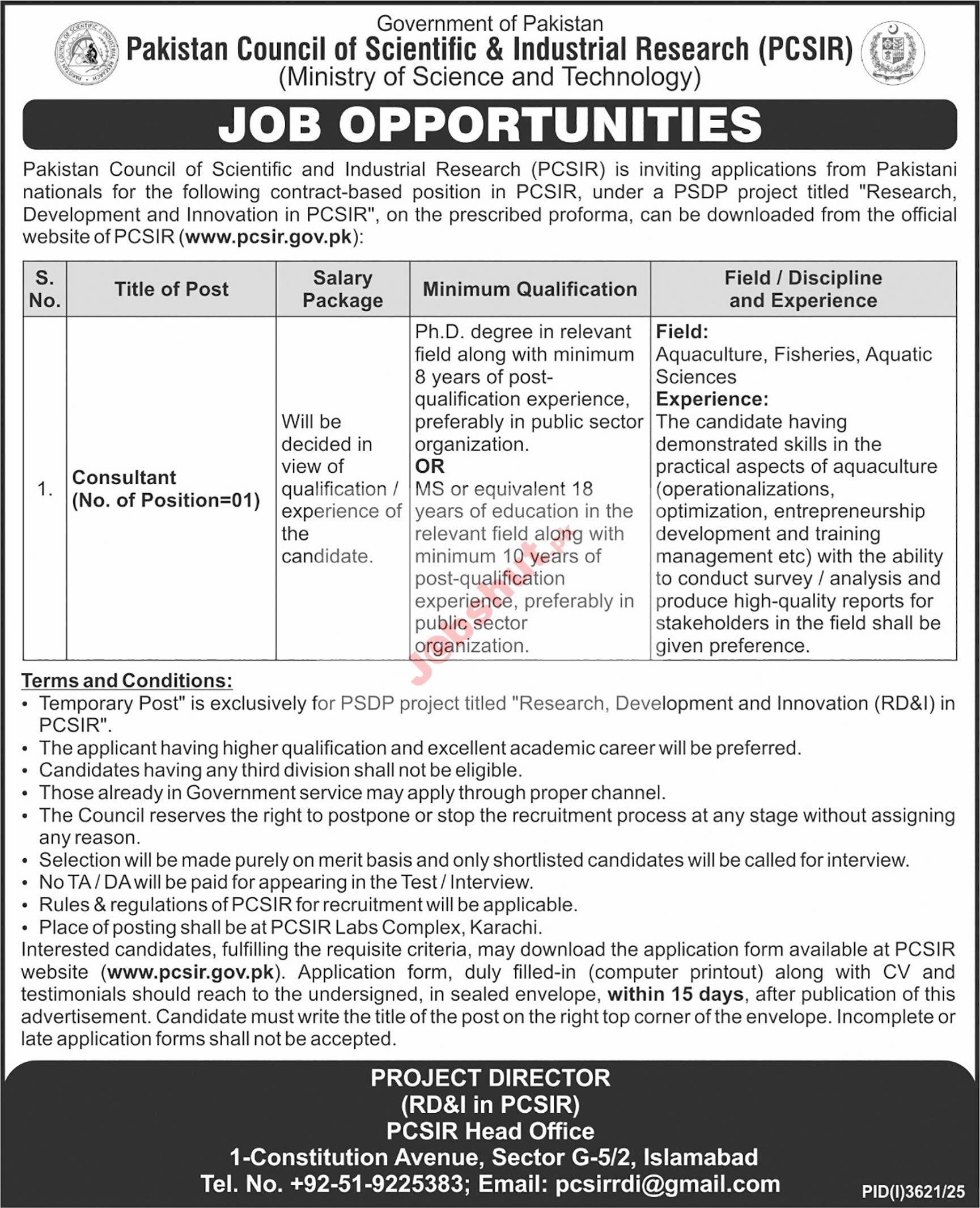 Pakistan Council of Scientific and Industrial Research Jobs 2025 - PCSIR Consultant Posts Islamabad 2025