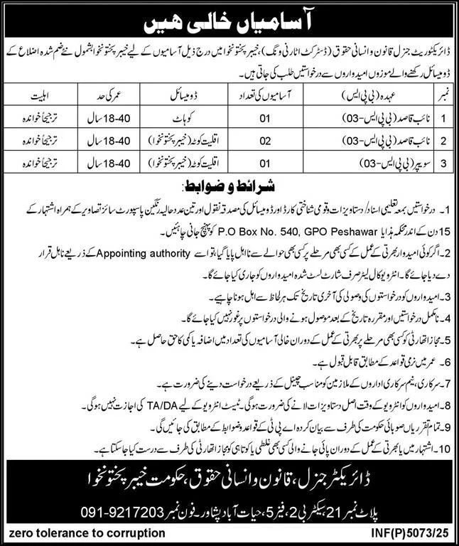 Law Parliamentary Affairs And Human Rights Department Jobs - Apply For Naib Qasid and Sweeper