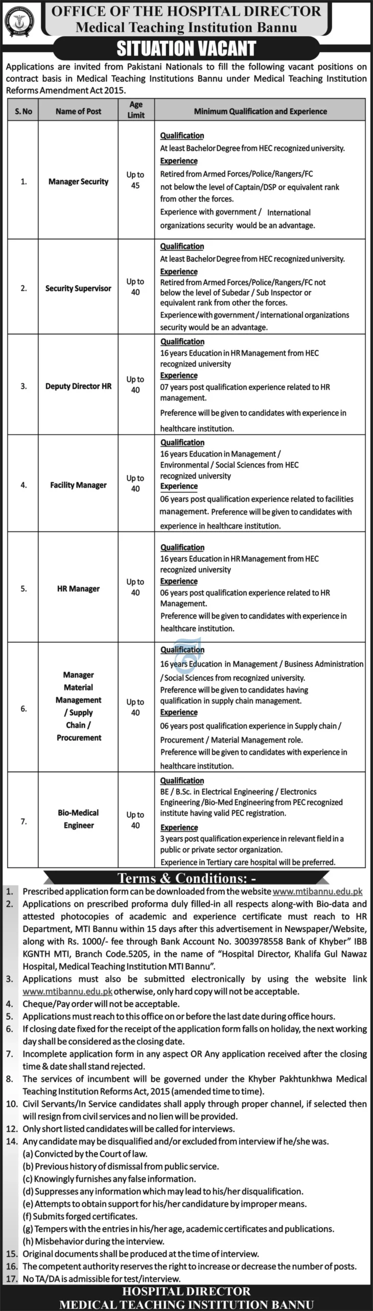 Medical Teaching Institution Bannu Jobs 2025 - Apply for Managerial, Administrative, and Engineering Positions Available