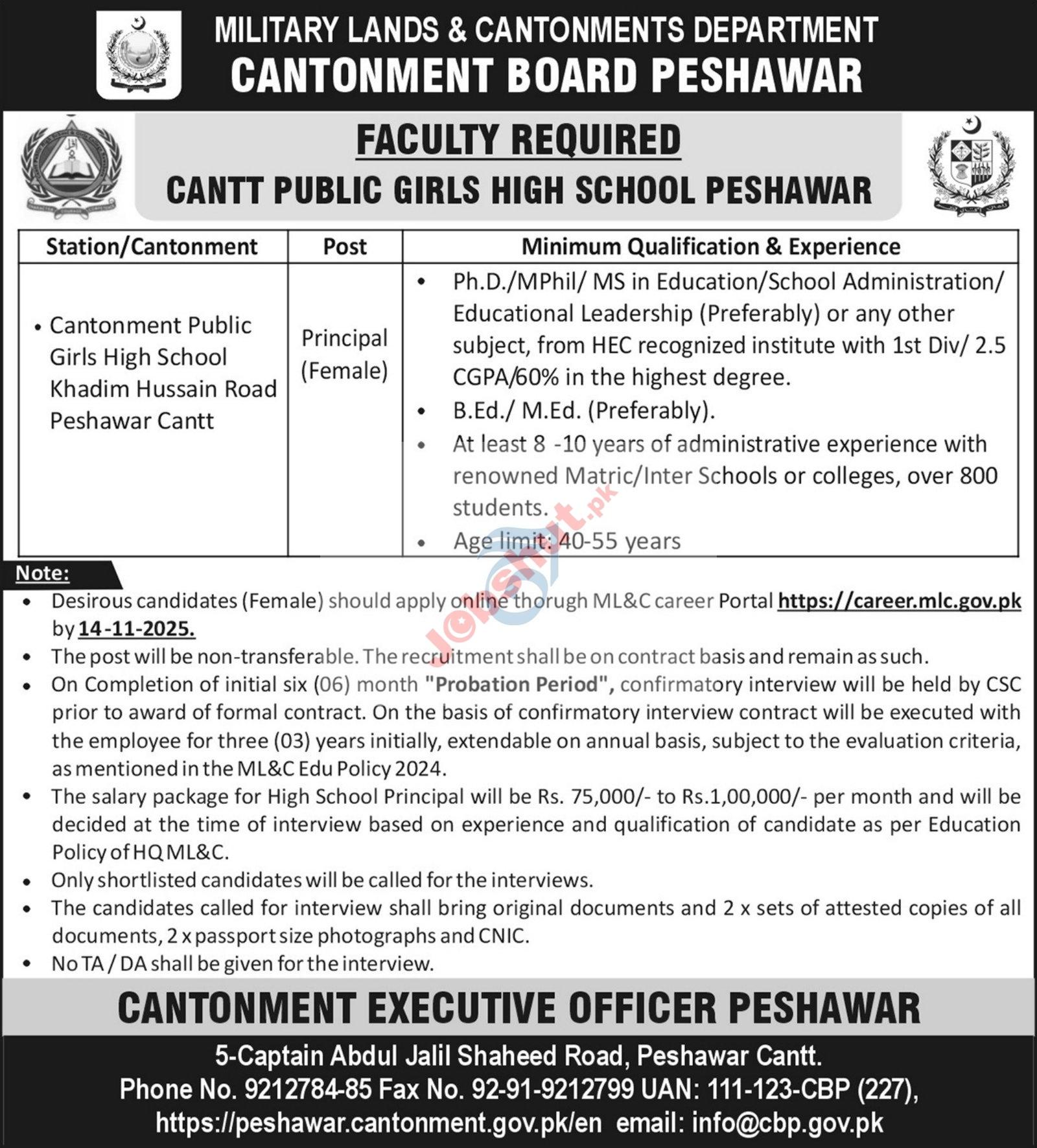 Military Lands and Cantonment Department Peshawar Jobs 2025 - Public Girls High School Female Principal Jobs
