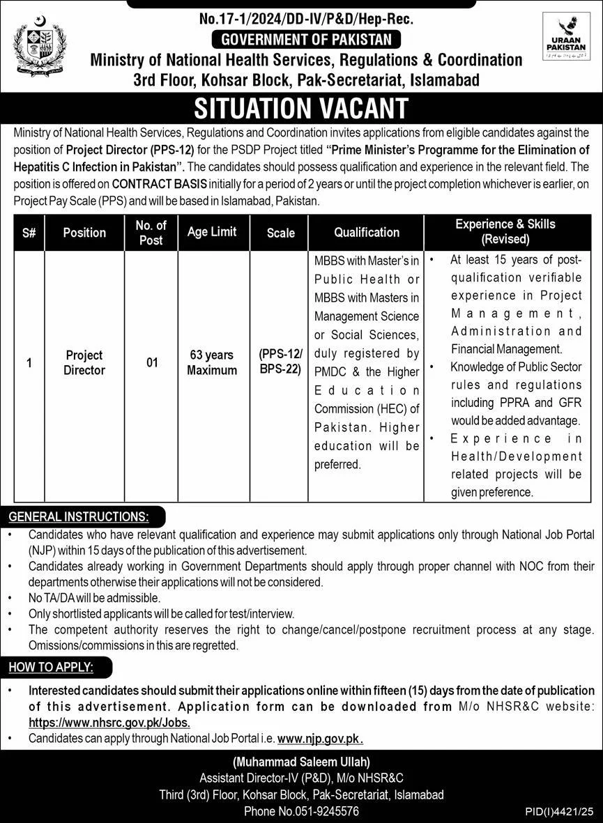 Ministry Of National Health Services Regulations Jobs 2025 - Apply Now Project Director Vacancies 
