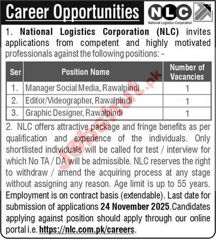 National Logistics Corporation (NLC) Jobs 2025 - Manager Social Media and Graphic Designer Jobs 