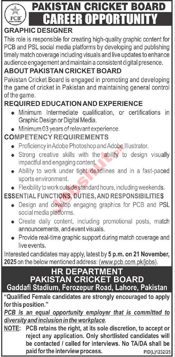 Pakistan Cricket Board PCB Lahore Jobs 2025 - Graphic Designer Jobs 2025