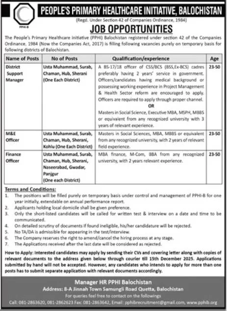 Peoples Primary Healthcare Initiative Quetta Jobs 2025 - Apply PPHI Balochistan District Support Manager and more Jobs