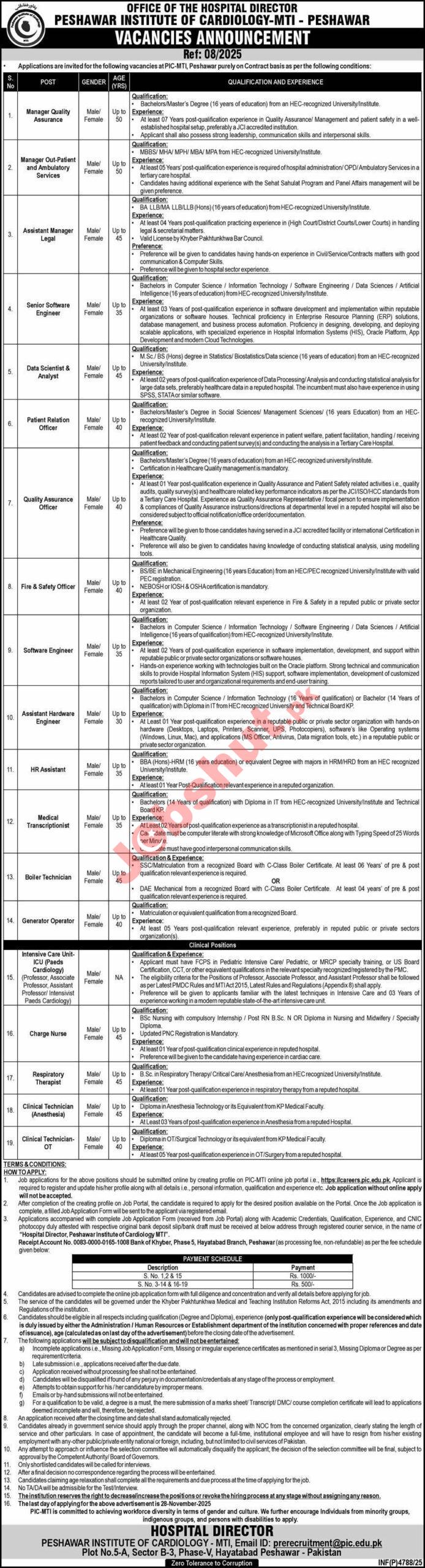 Peshawar Institute Of Cardiology PIC MTI Peshawar Jobs 2025 - PIC MTI Multiple Jobs In Peshawar