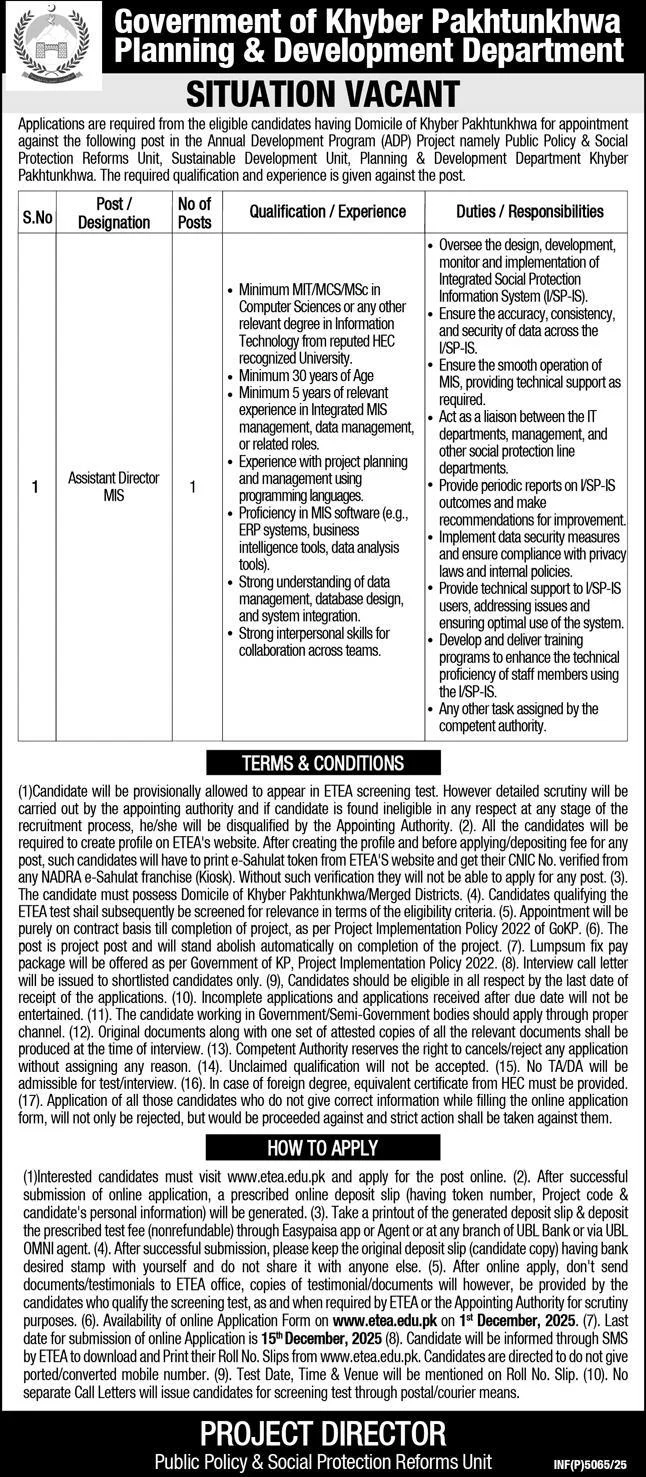 Planning and Development Department Peshawar Jobs 2025 - Apply Online for Assistant Director MIS