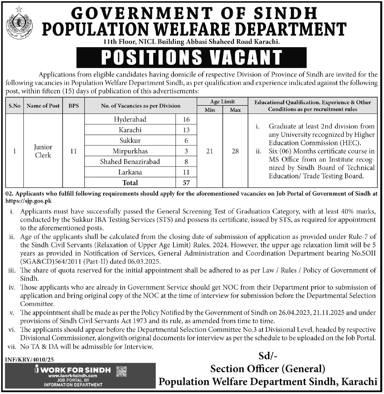 Population Welfare Department Sindh Jobs 2025 - Apply Now for Junior Clerk (BPS-11)