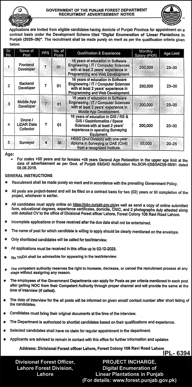 Punjab Forest Department Lahore Jobs 2025 - Apply for Frontend, Backend, Mobile App Developers & Surveyor Vacancies
