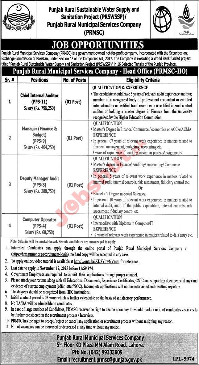 Punjab Rural Sustainable Water Supply Jobs 2025 - PRSWSSP Jobs 2025