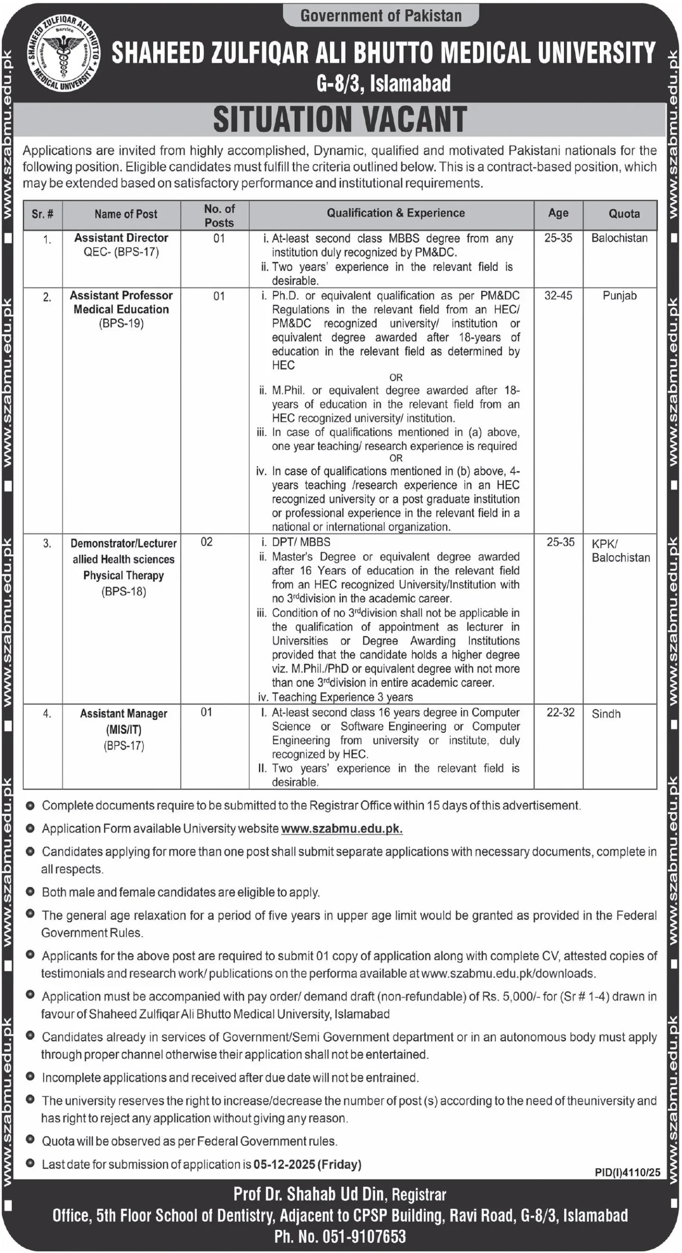 Shaheed Zulfiqar Ali Bhutto Medical University Jobs - Teaching & Non-Teaching Vacancies in SZABMU 