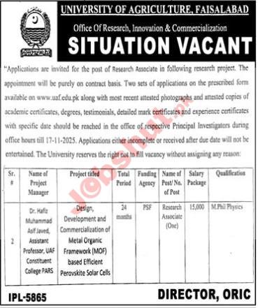 University of Agriculture Faisalabad Jobs 2025 - Research Associate Jobs in Faisalabad