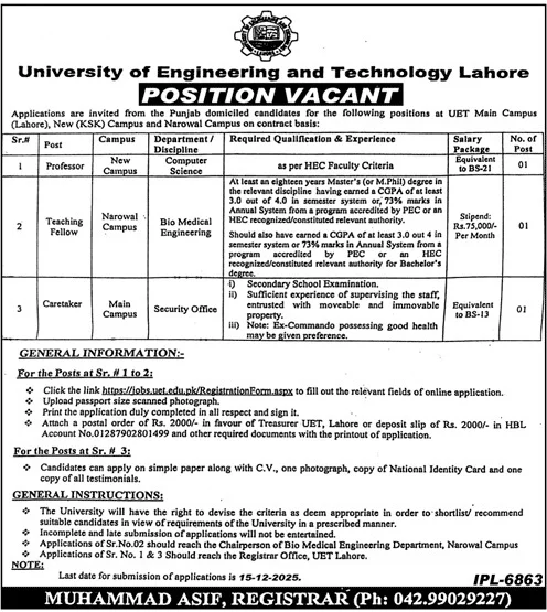 University of Engineering And Technology Jobs 2025 - Apply Now for Professor, Teaching Fellow & Project Personnel Jobs