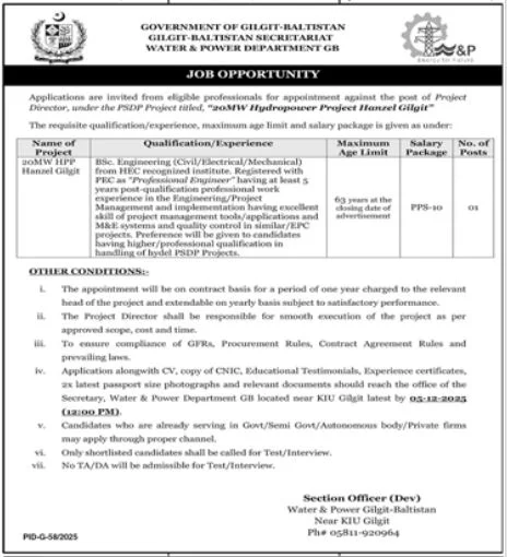 Water And Power Department Gilgit Jobs 2025 - Online Apply for Project Director Jobs