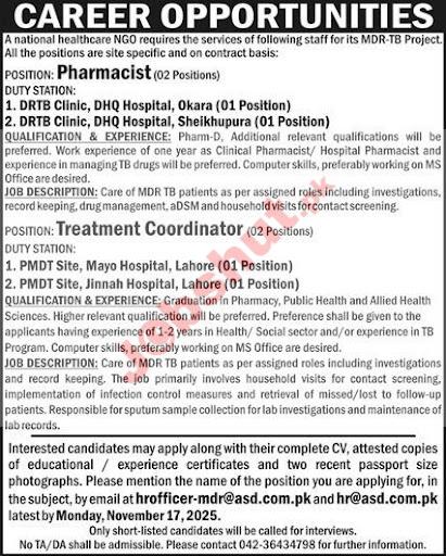 National Healthcare NGO Jobs 2025 - NGO Pharmacist and Treatment Coordinator Jobs 