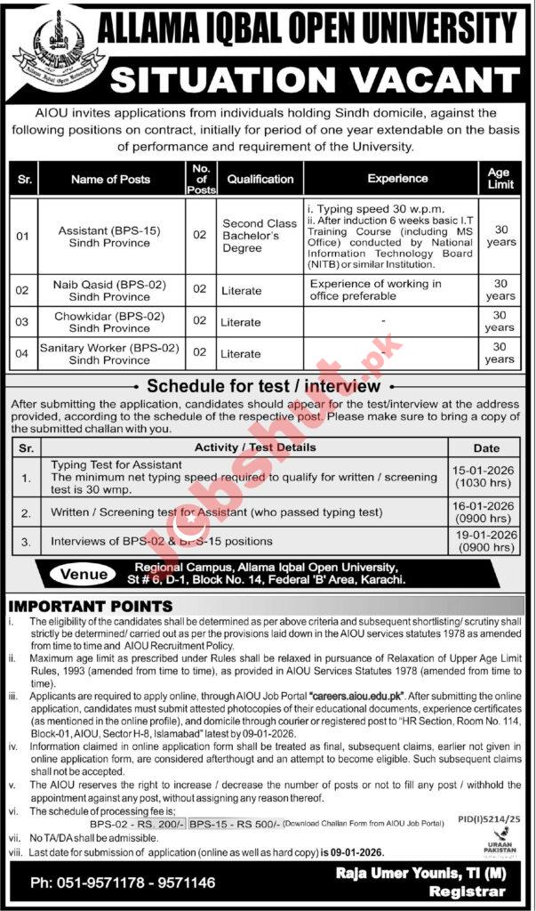 Allama Iqbal Open University AIOU Jobs in 2026 - Apply Now for Naib Qasid, Chowkidar & Sanitary Worker jobs in 2026